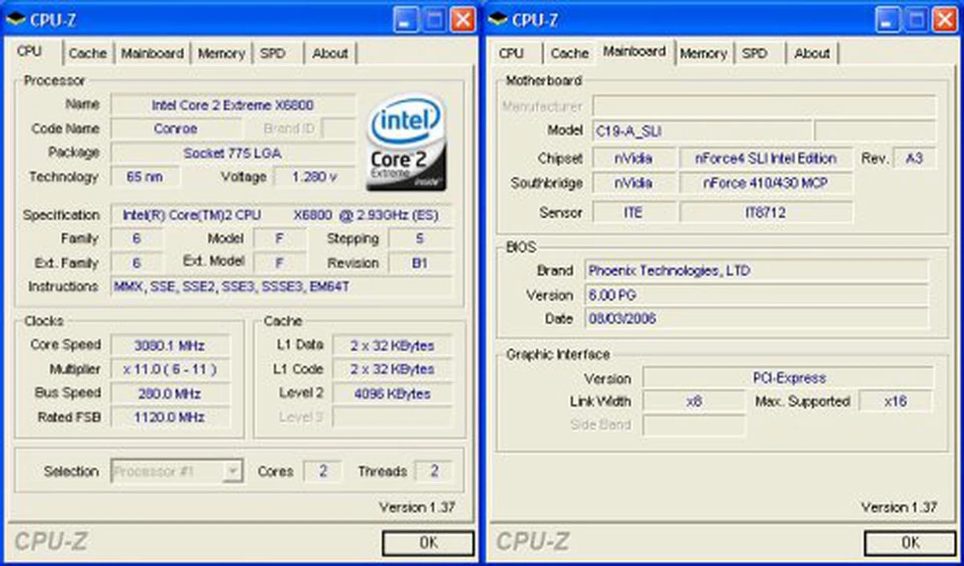 CPU-Z overclocking screenshot - Notice that CPU-Z is still detenting the board as a C19-A SLI as the components and BIOS are essentially identical. Click for larger image.