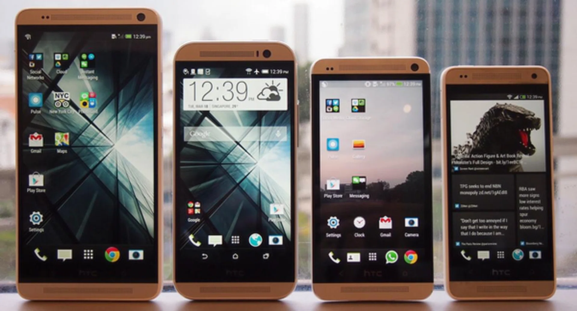 From left to right: 5.9-inch HTC One Max, 5-inch HTC One (M8), 4,7-inch HTC One and the 4.3-inch HTC One Mini.