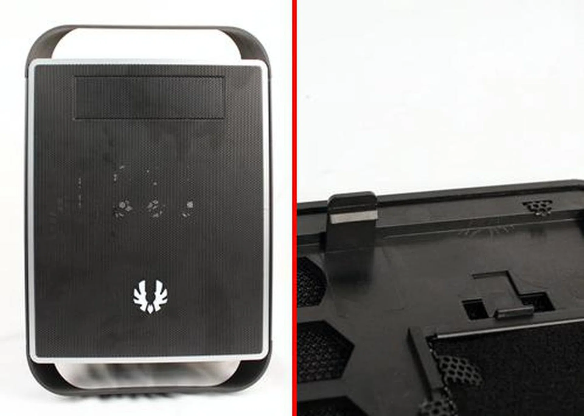 The well-ventilated fascia of the Midnight Prodigy, with its removable mesh. The front panel was easy to remove as it is fastened to the metal case with its plastic tabs.