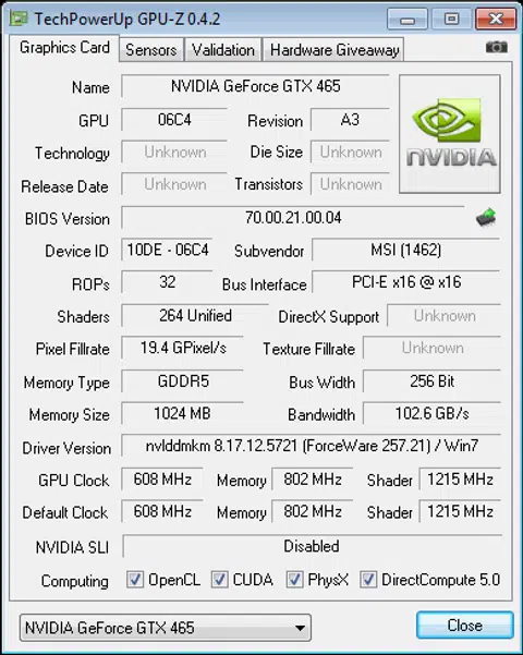 Screenshot from GPU-Z detailing the specifications of the GeForce GTX 465.
