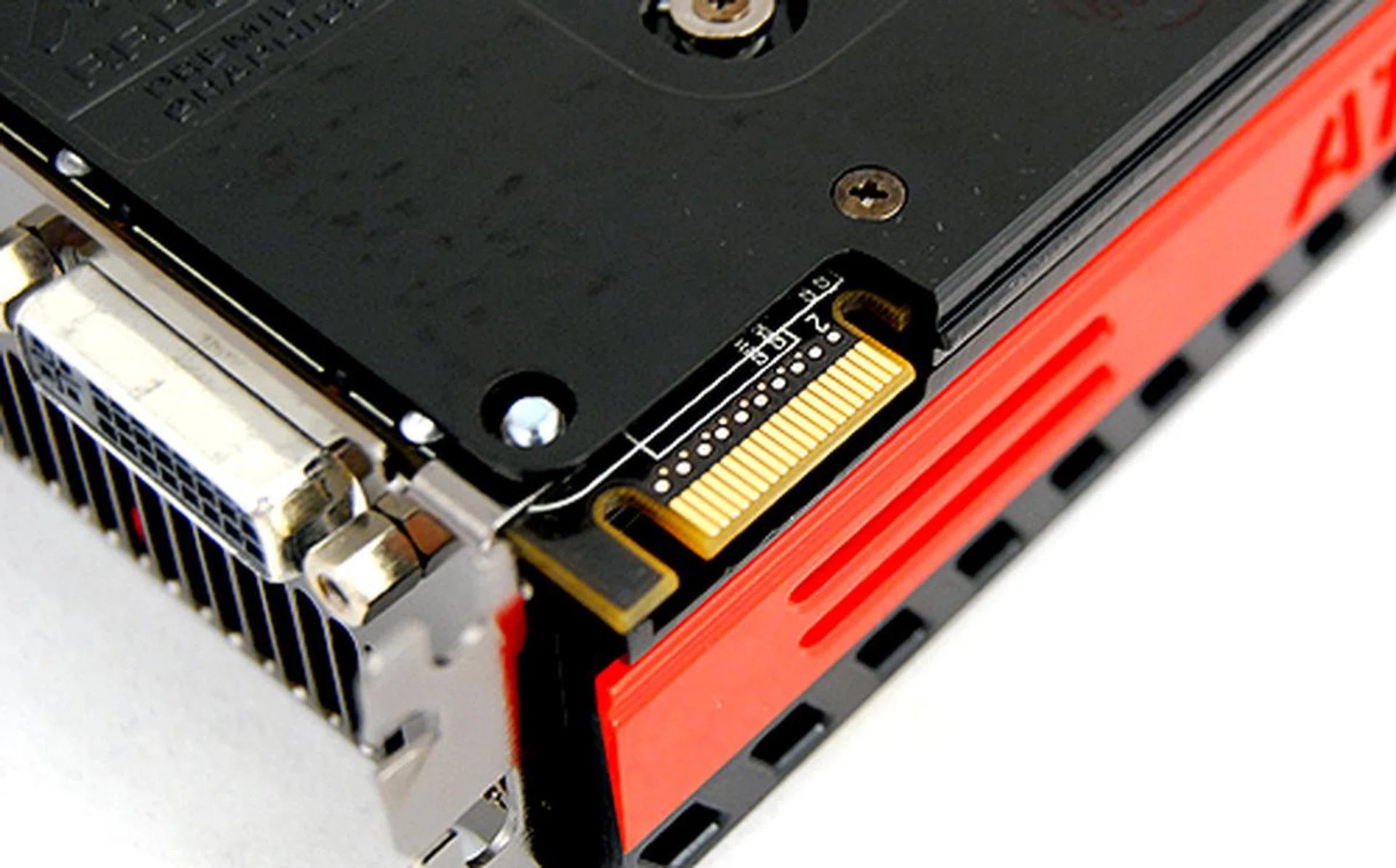 The Radeon 5970 gets a single CrossFireX connector, which means a quad-GPU configuration is possible.