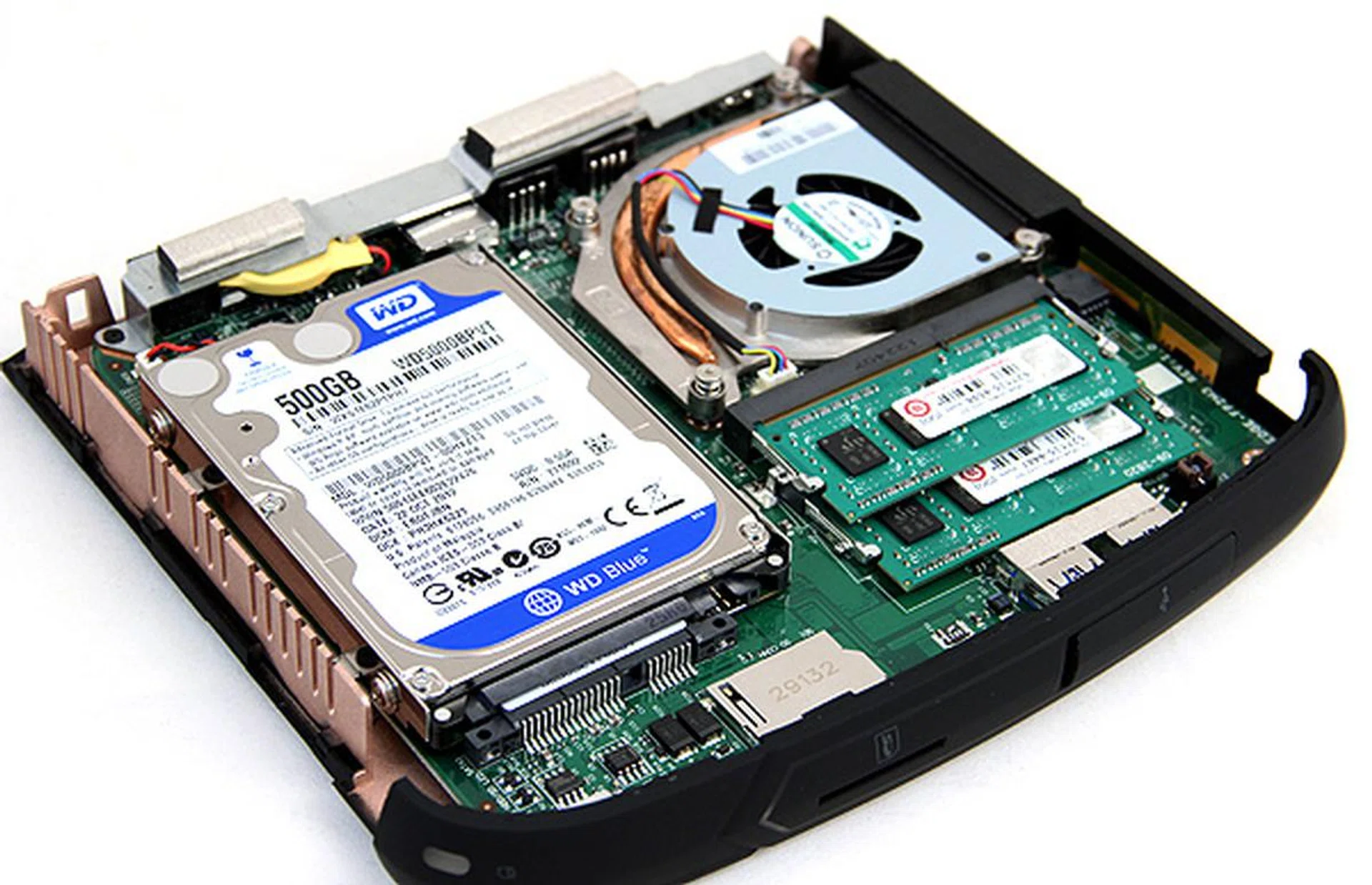 As you can see, the hard disk takes up bulk of the space. The processor is top-right under the blower-style cooler. Just south of the processor is the memory. If you buy the barebones edition of the system, you'll have to install your own storage and memory - none will be supplied.