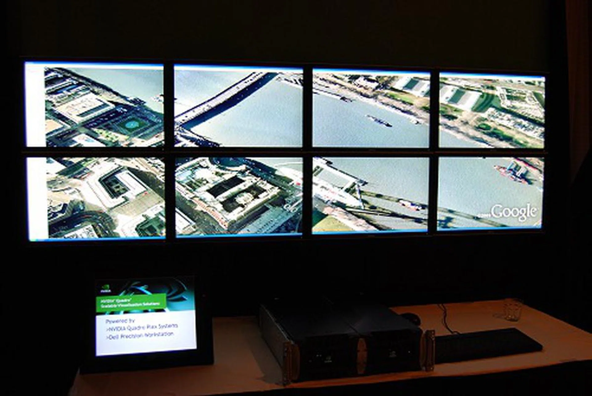 Here we have one of NVIDIA's Quadro based scalable visualization solutions able to span applications across eight displays, drive 4K projectors or panels and support 3D stereo. And its busy serving up an expansive display from Google Earth in this example.
