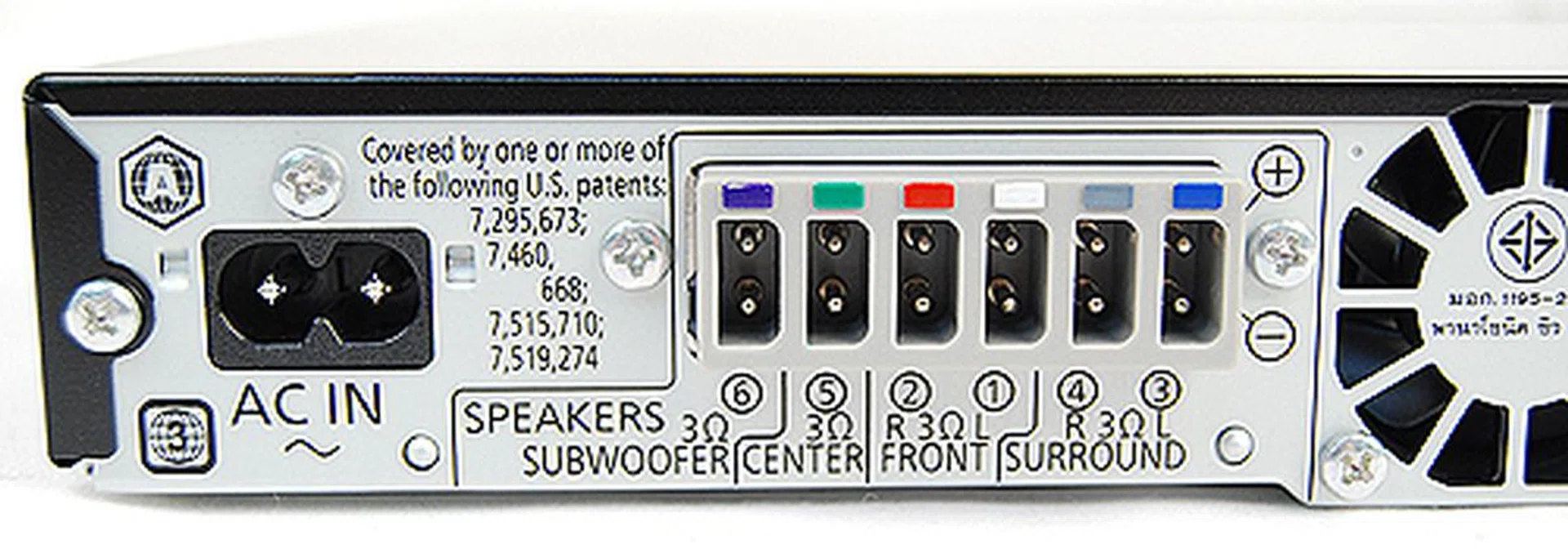Going to the rear, on the left, you'll find the AC-in as well as connectors for the speakers. The connectors and the speakers themselves are color-coded for easy setup.