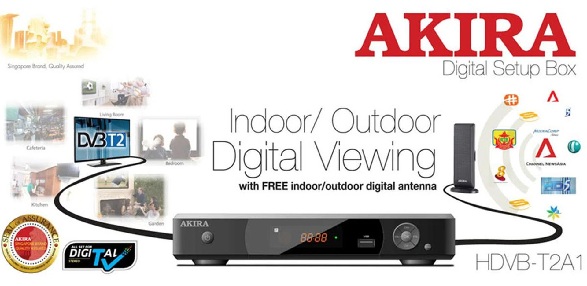 The Akira HDVB-T2A1 is a set-top box that supports Singapore’s DVB-T2 channels in surround sound when connected to a home theater system​. (Image source: Akira.)