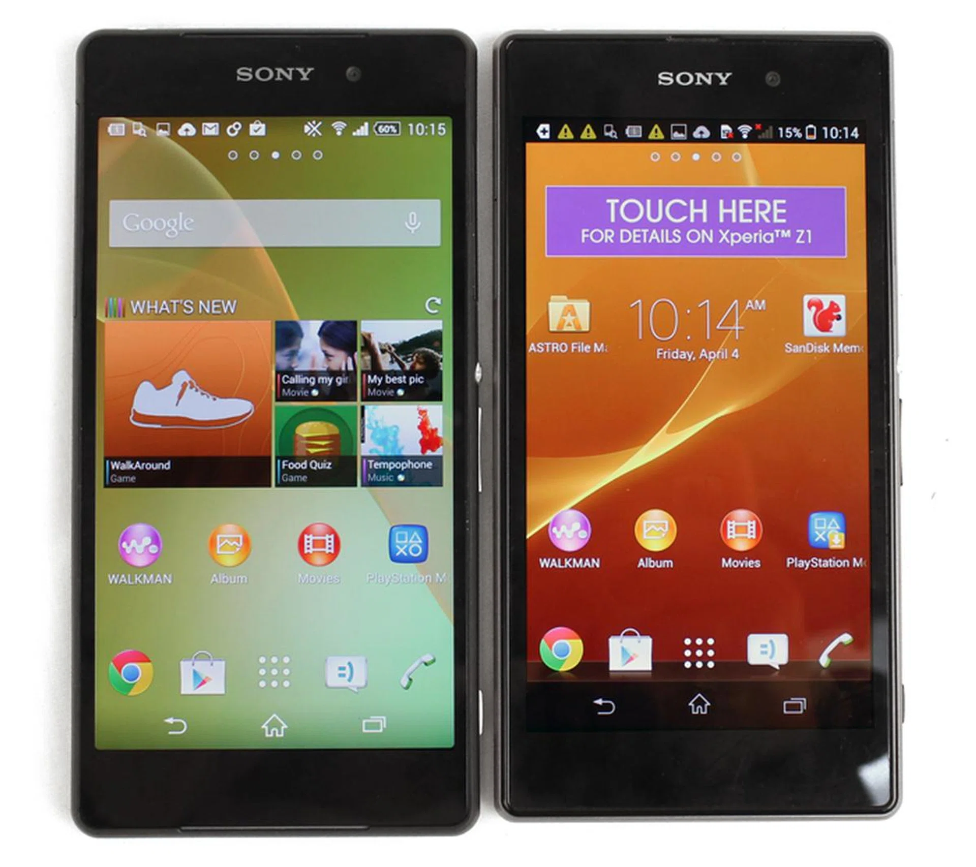 The Z2 (left) is slightly longer than the Z1 thanks to its 5.2-inch display.