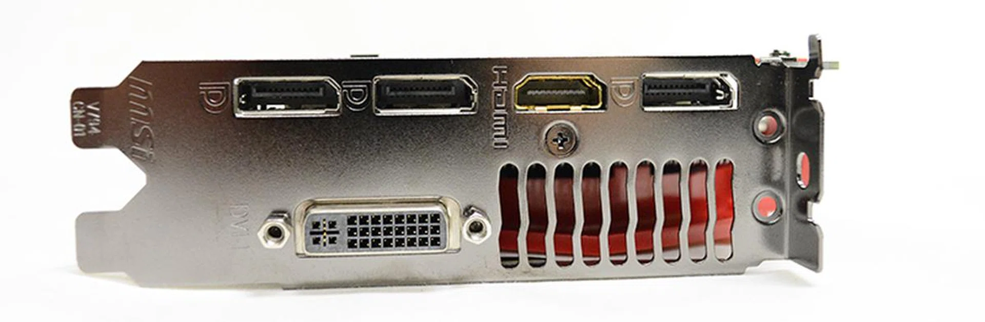 Like the Gigabyte card, the MSI GeForce GTX 950 Gaming 2G has three DisplayPort connectors, one DVI-I port, and one HDMI output.