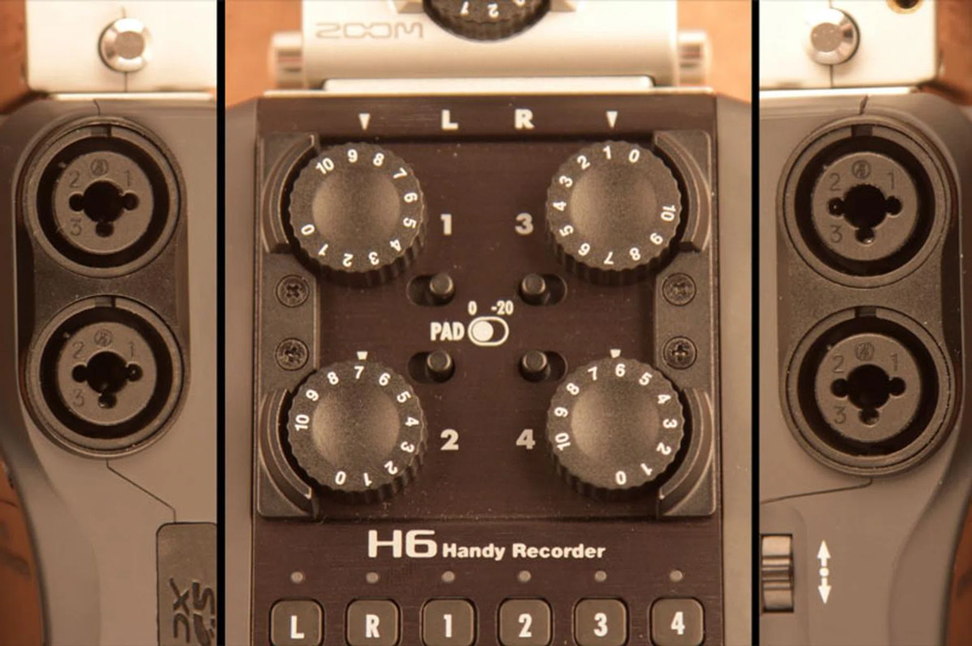 Two XLR/TRS inputs on either side of the H6 (left, right panel), with gain and pad controls sitting on the top of the H6 (center panel).