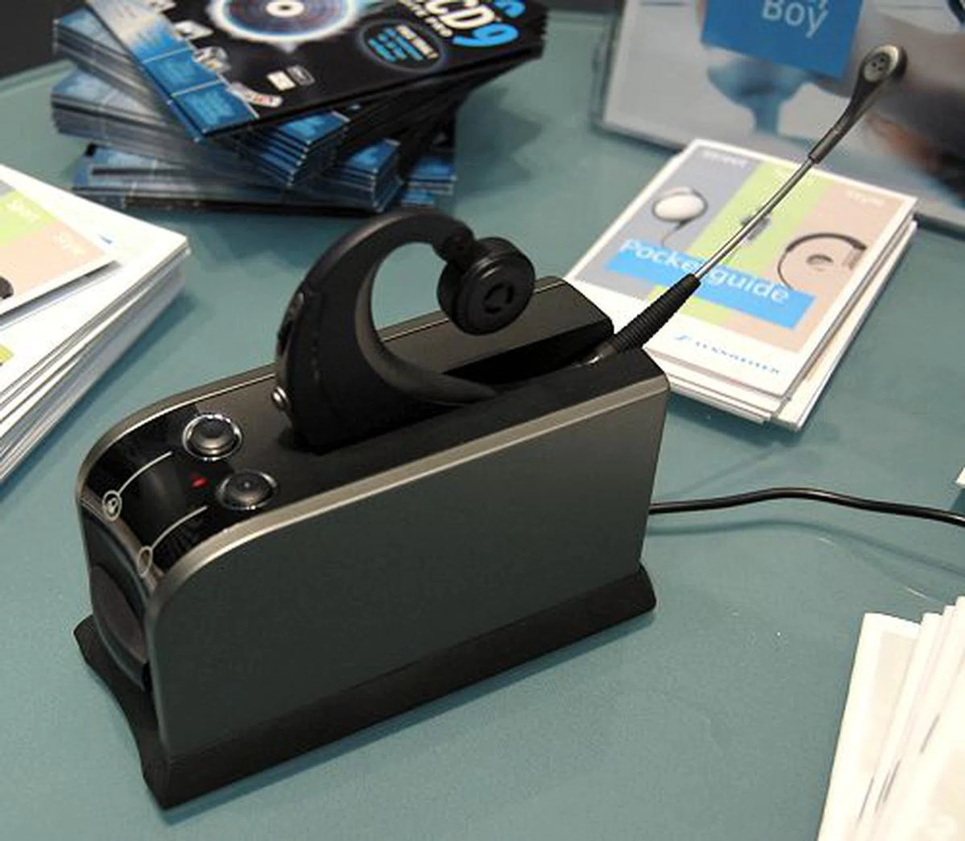  This is Sennheiser's business class headset, the BW 900. However, its functionality is great for even home use, if the estimated price of 300 Euros isn't going to hurt the wallet too much. This headset is ideal to pair with Bluetooth capable phones/PDAs, Notebook/PC for VOIP phone use and it even connects to your normal PSTN phone line to enable one to answer calls via the Bluetooth headset.  