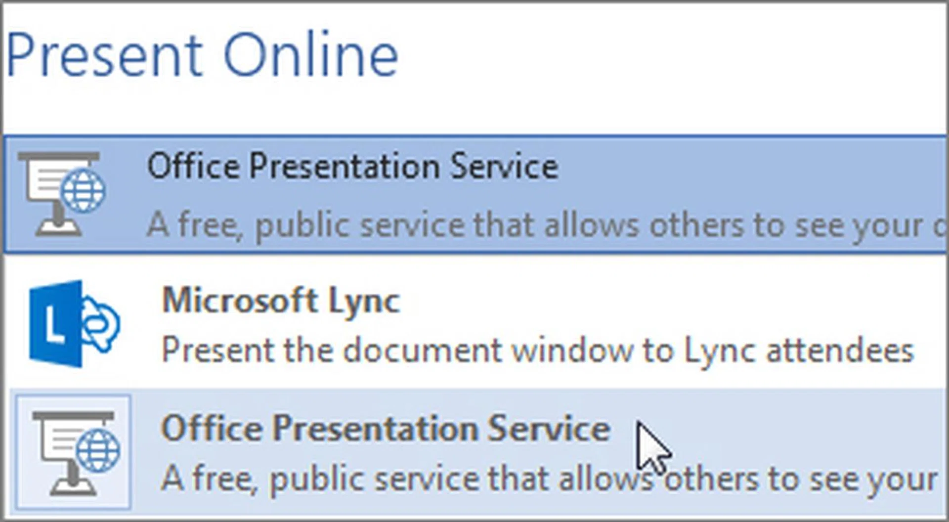 Sharing documents with the free Office Presentation Service where viewers can follow the presentation online with their web browsers with no additional software needed. (Image Source: Microsoft)