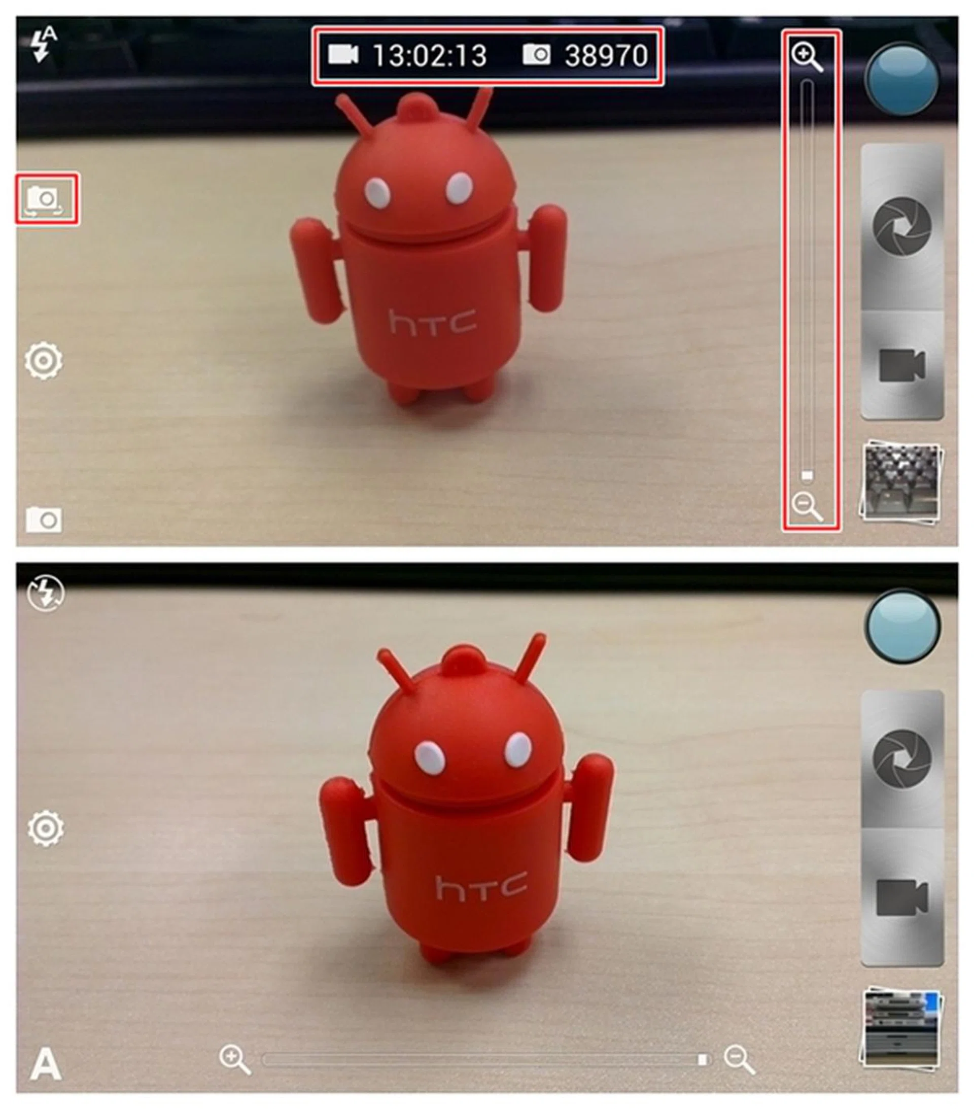 There are three main additions to the camera user interface on the HTC One X+ (top), compared to the HTC One X (bottom).
