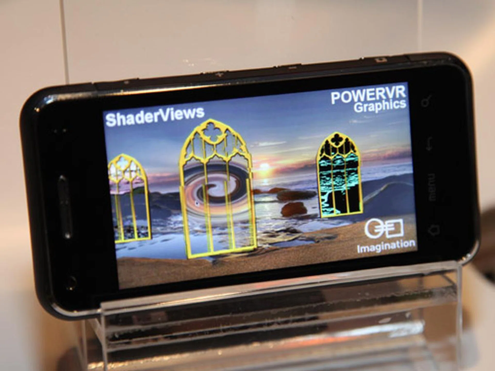 Demonstration of Moorestown's 3D graphics with an interactive real-time 3D animation. Reflections in these individual windows react to touch and are rendered real-time without any drop in frame rates.
