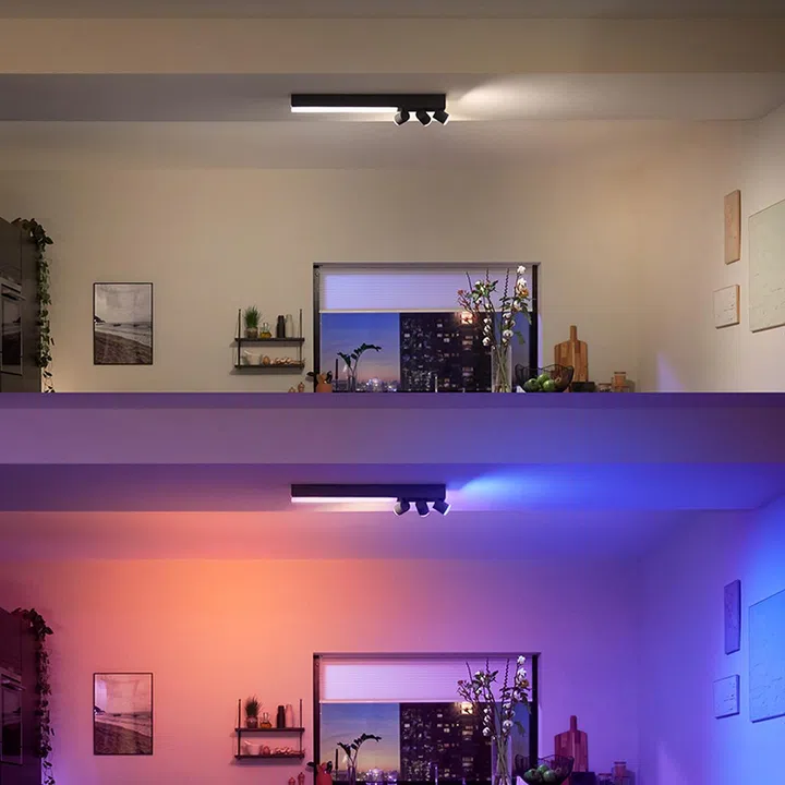 Philips Hue Centris displaying white light (above) and coloured light (below).