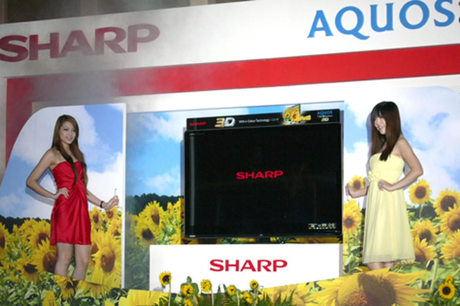 Two babes flank the 3D AQUOS Quattron during its unveiling ceremony. In a nutshell, Sharp's Quattron technology was designed to render hues such as yellow, gold and emerald green in more vivid shades.