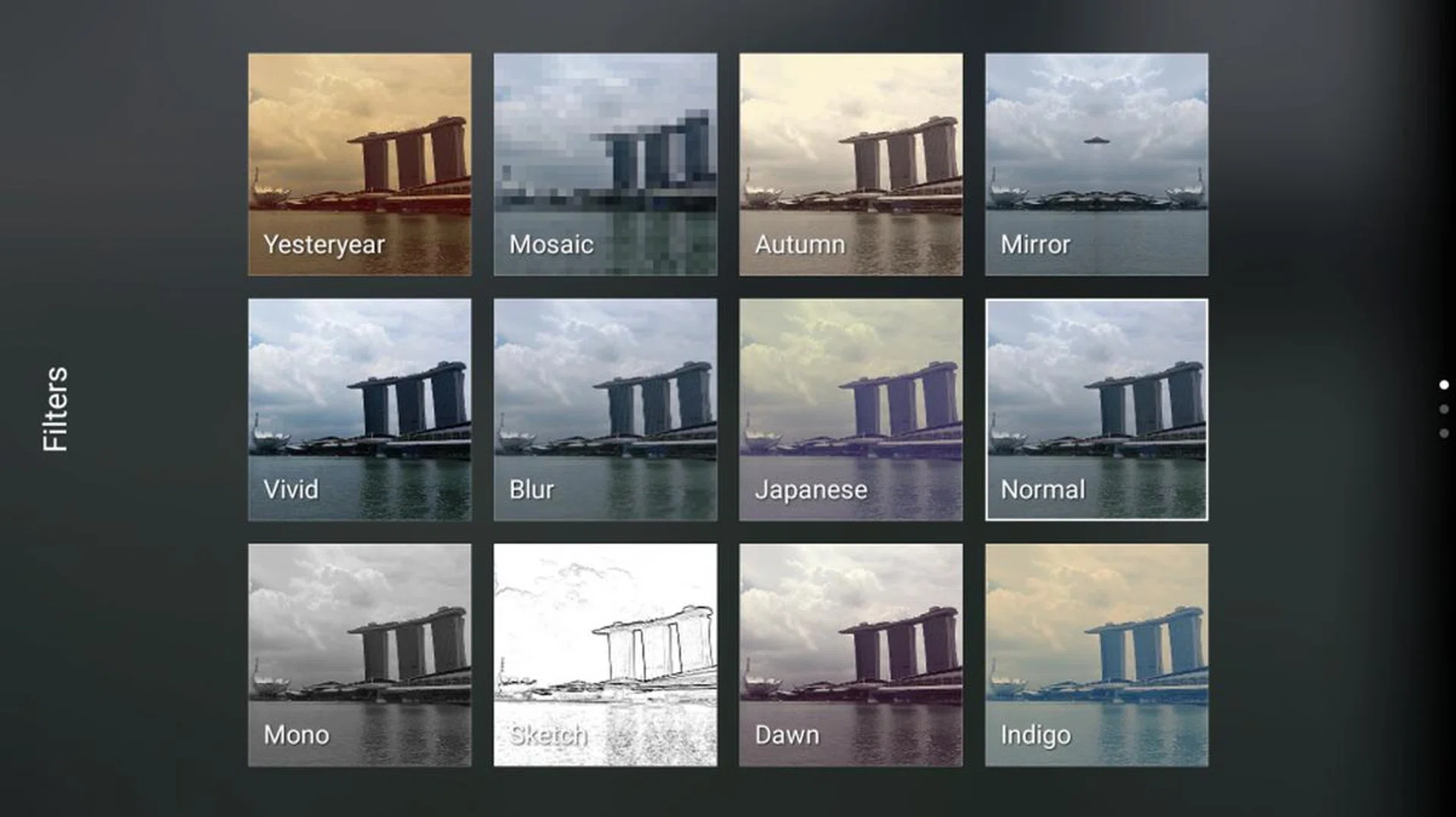 A swipe down from the top in landscape mode will get you 12 filters with live previews. 