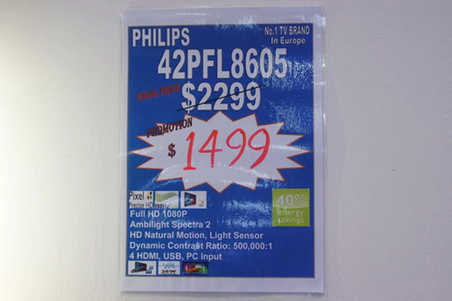 As you can see, the 42PFL8605 (42-incher from the 8000 Series) is going for $1,499 (usual price is $2,299). This is a Full HD 1080p display with Ambilight Spectra 2 and Pixel Precise HD features. It has a 500,000:1 contrast ratio, four HDMI ports, as well as USB and PC inputs. 
