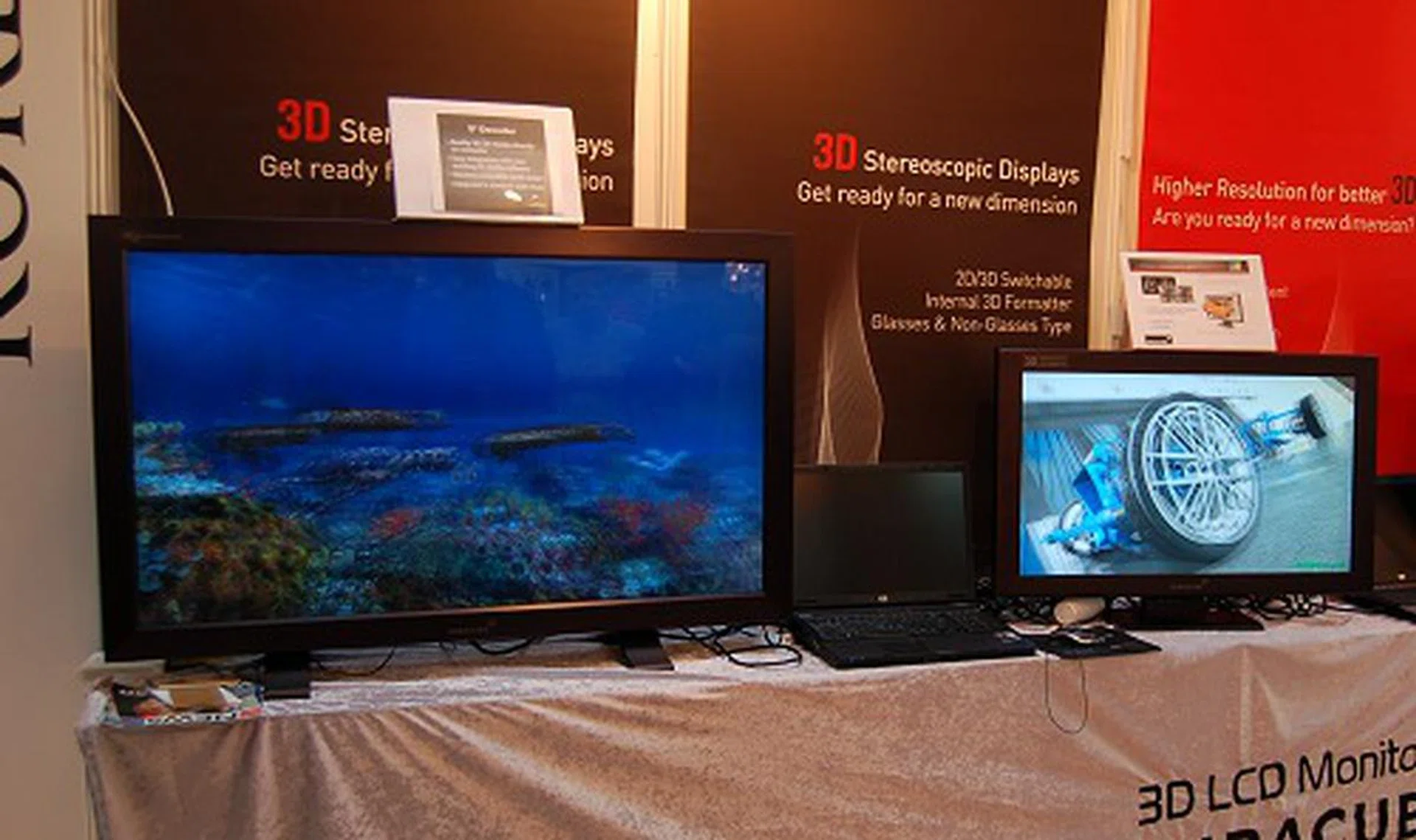  They've a variety of panel sizes for 3D purposes. These shown here are 32-inch and 46-inch screens. Miracube mentioned that the panels themselves are obtained from Samsung, but they apply the special layers and the electronics to enable the 3D display. In fact, they've a toggle to disable the 3D stereoscopic effect, in which case you see a normal output.  