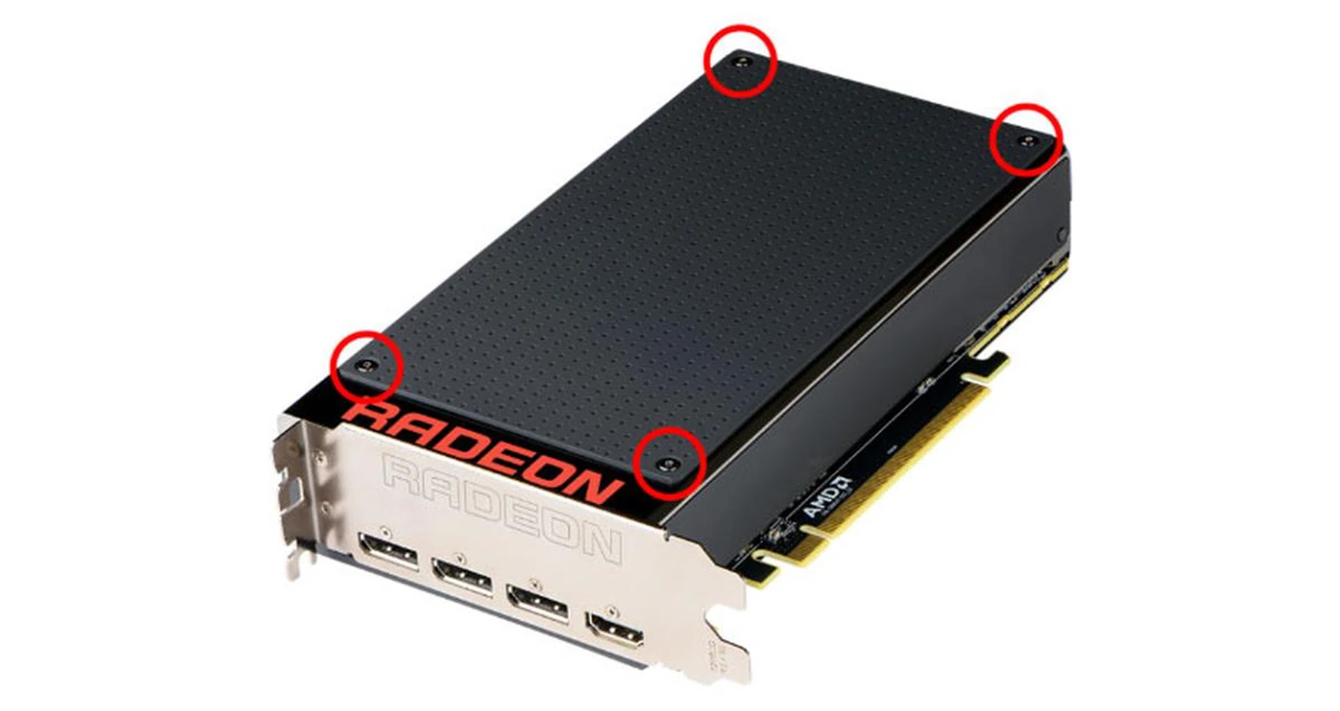 The frontplate can be removed after unscrewing the four hex screws. Users can even 3D print their own frontplate to customize their card. (Image Source: AMD)