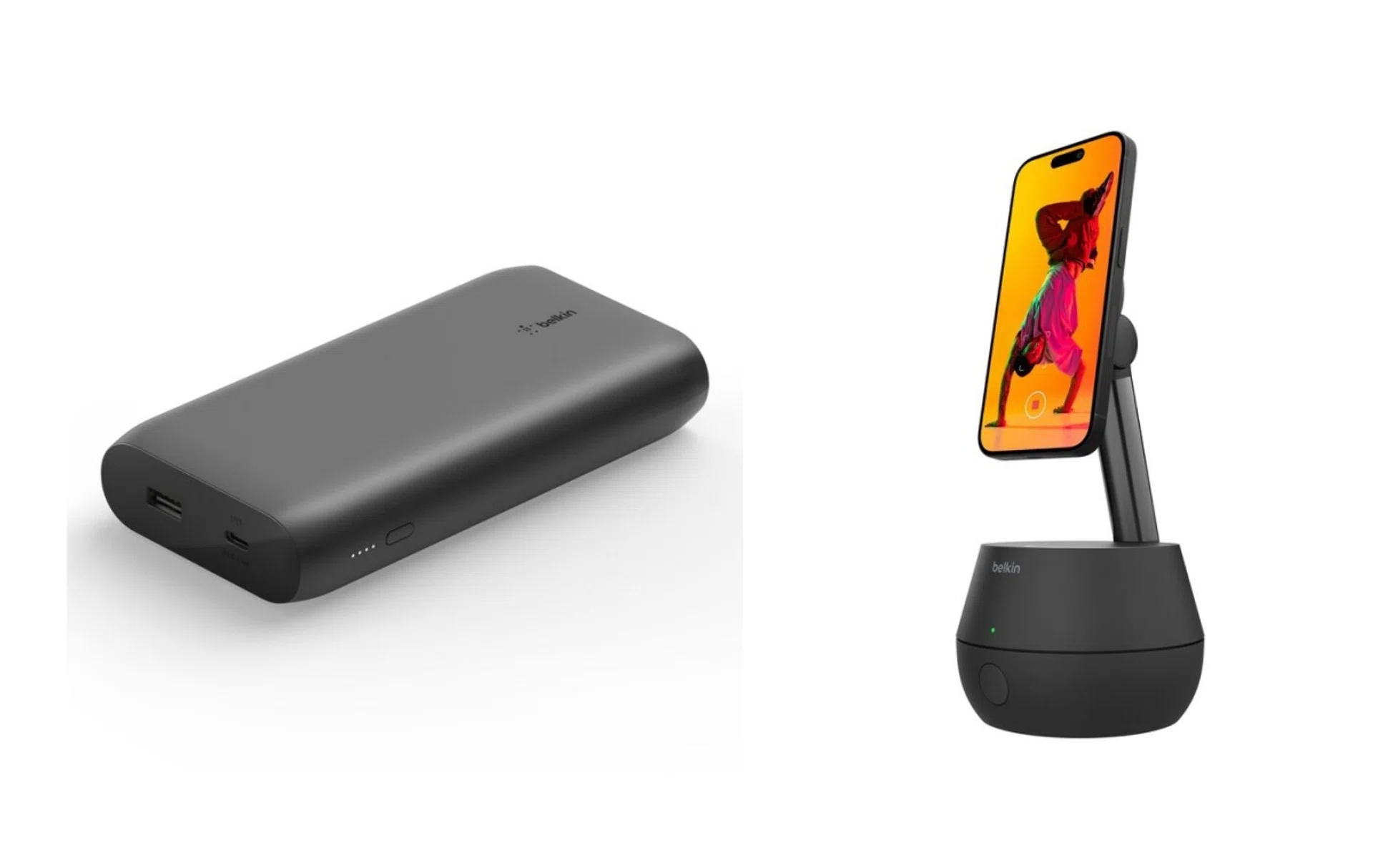The Belkin BoostCharge USB-C PD Power Bank 20K (BPB002) and  Auto-Tracking Stand Pro (MMA008)