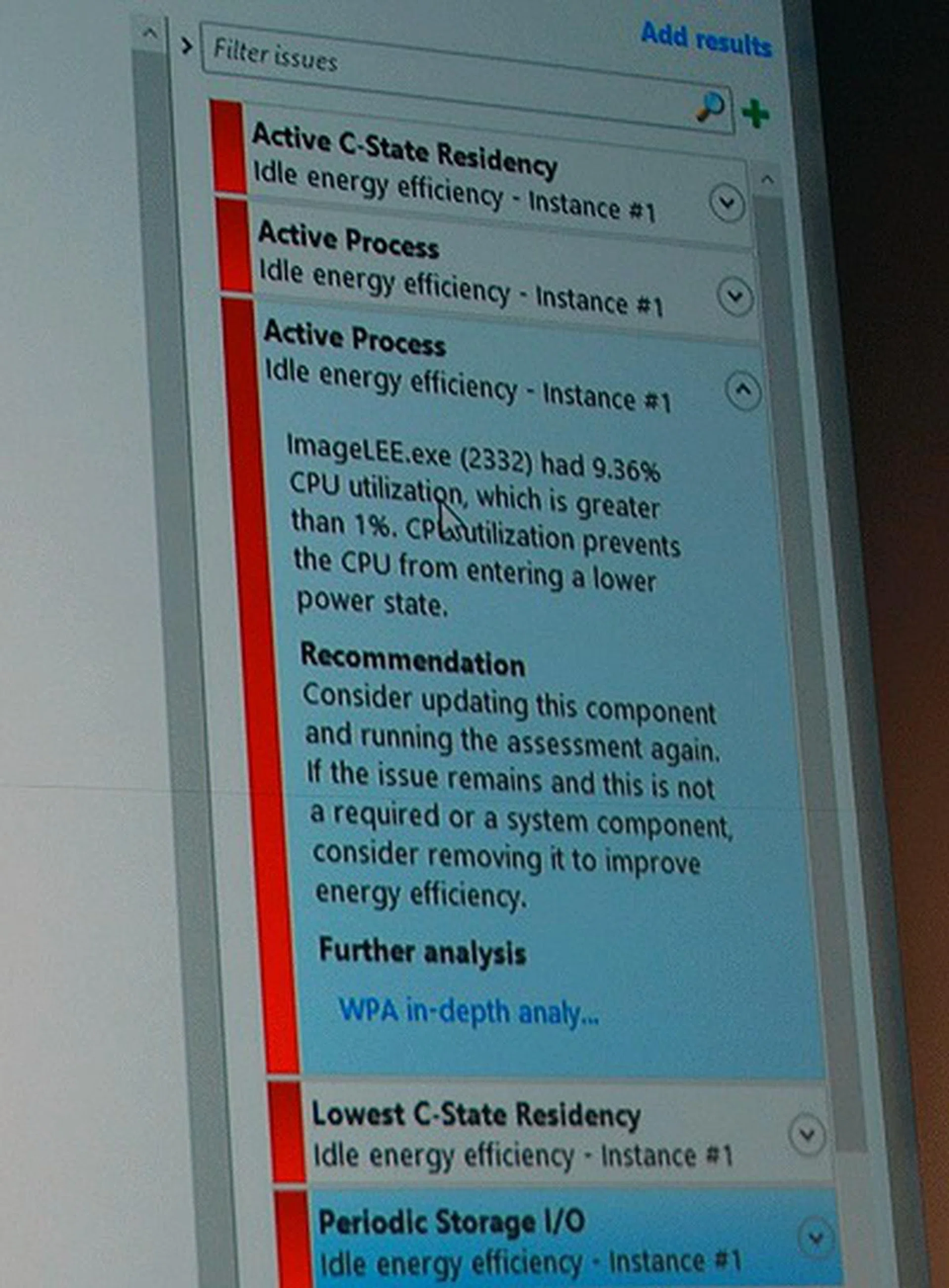 Expanding the options, you get more details on why the tool flagged these issues out. In this example, the tool found a number of active processes sapping on the notebook’s battery and thus reducing overall battery life assessment tests seen earlier.