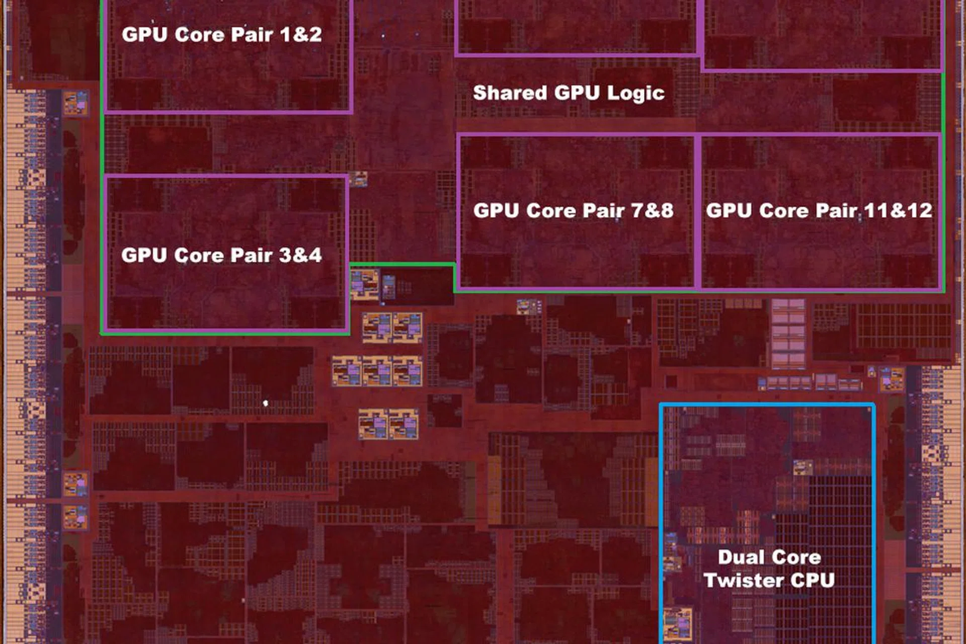 Annotated version of the A9X teardown. Image credit: AnandTech, via Chipworks.