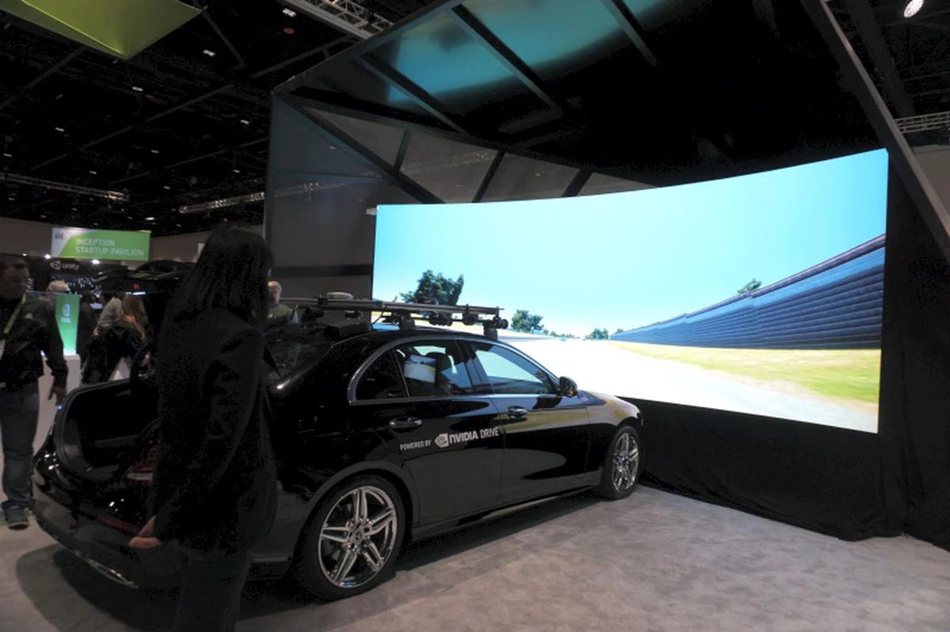 A visual mock-up of Drive Sim at work with the NVIDIA Constellation system hidden away that's simulating these feeds seen by the supposed virtual car.