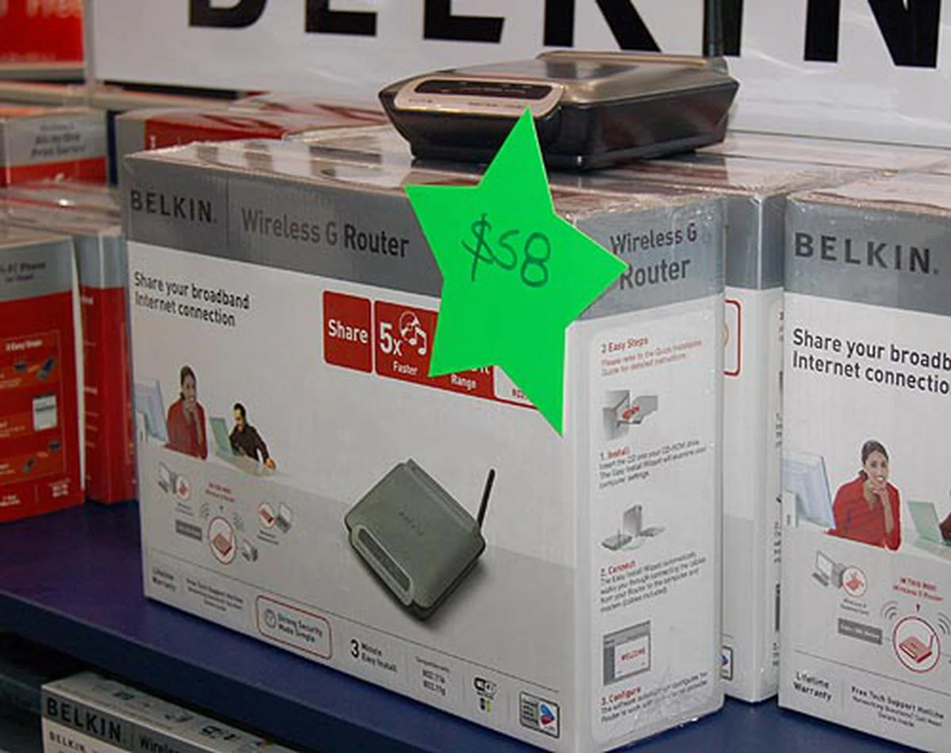  One of the better buys that grabbed our attention was a wireless G router from Belkin that was going for only $58. This isn't surprising with faster N standard routers entering the market now.  