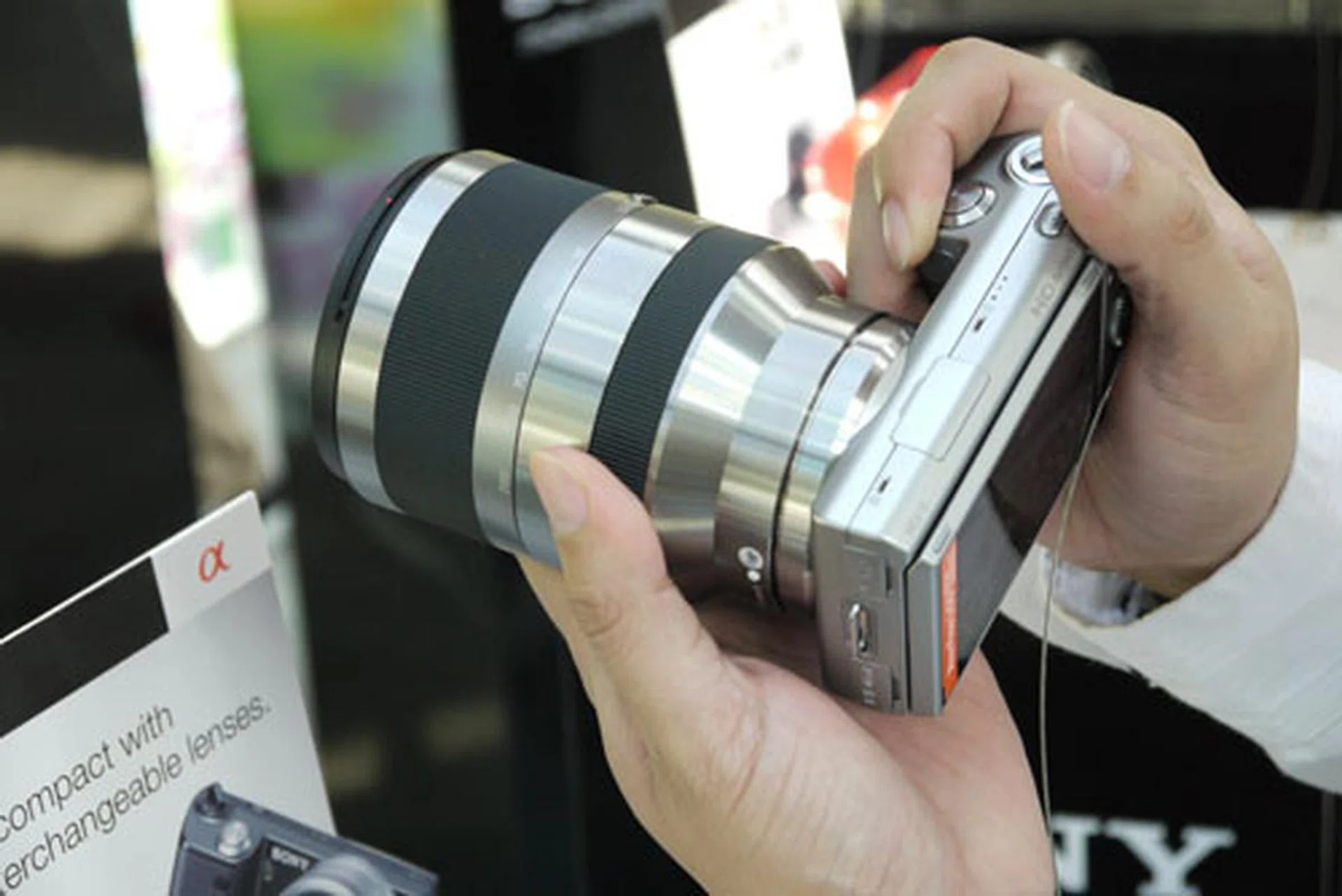 An NEX-5 with the new high-zoom 18-200mm F3.5-6.3 E-mount lens. The NEX cameras have a crop factor of 1.5 which effectively makes this lens a 27-300mm.