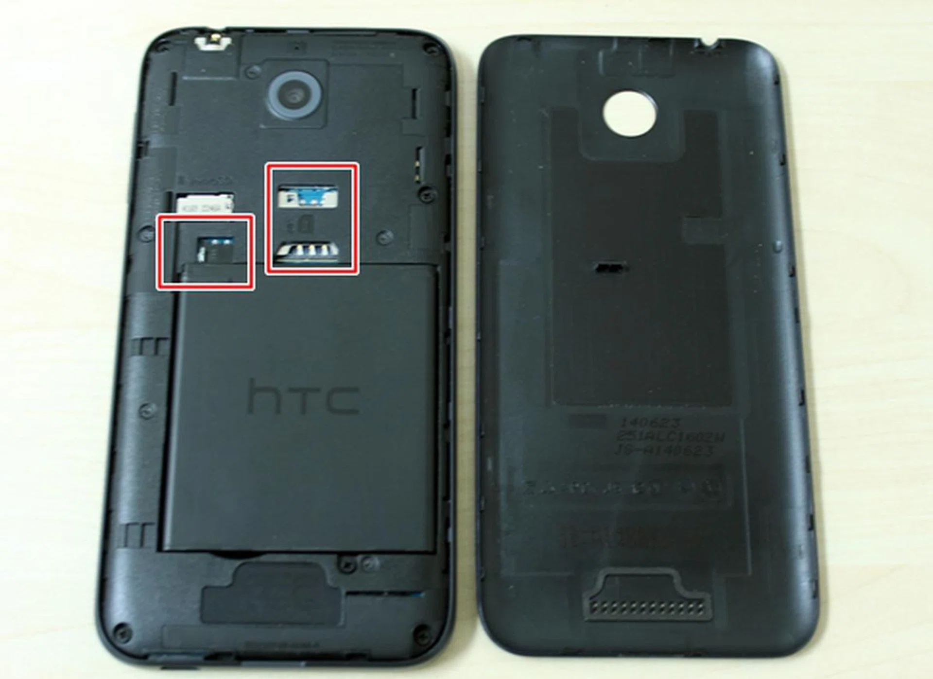 You have to remove the battery to access the microSD (left) and micro-SIM (right) slots on the HTC Desire 510.