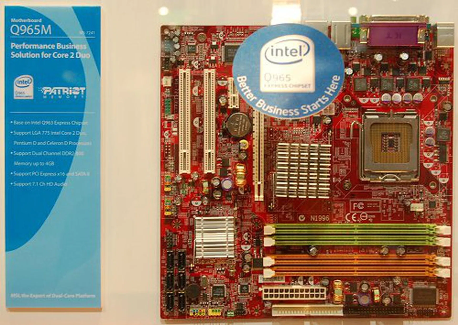 Catering to performance office desktop systems is the Q965M motherboard. Based on the new Intel Q965 chipset, this board supports up to 4GB of dual-channel DDR2-800 memory and 7.1-channel HD audio. 