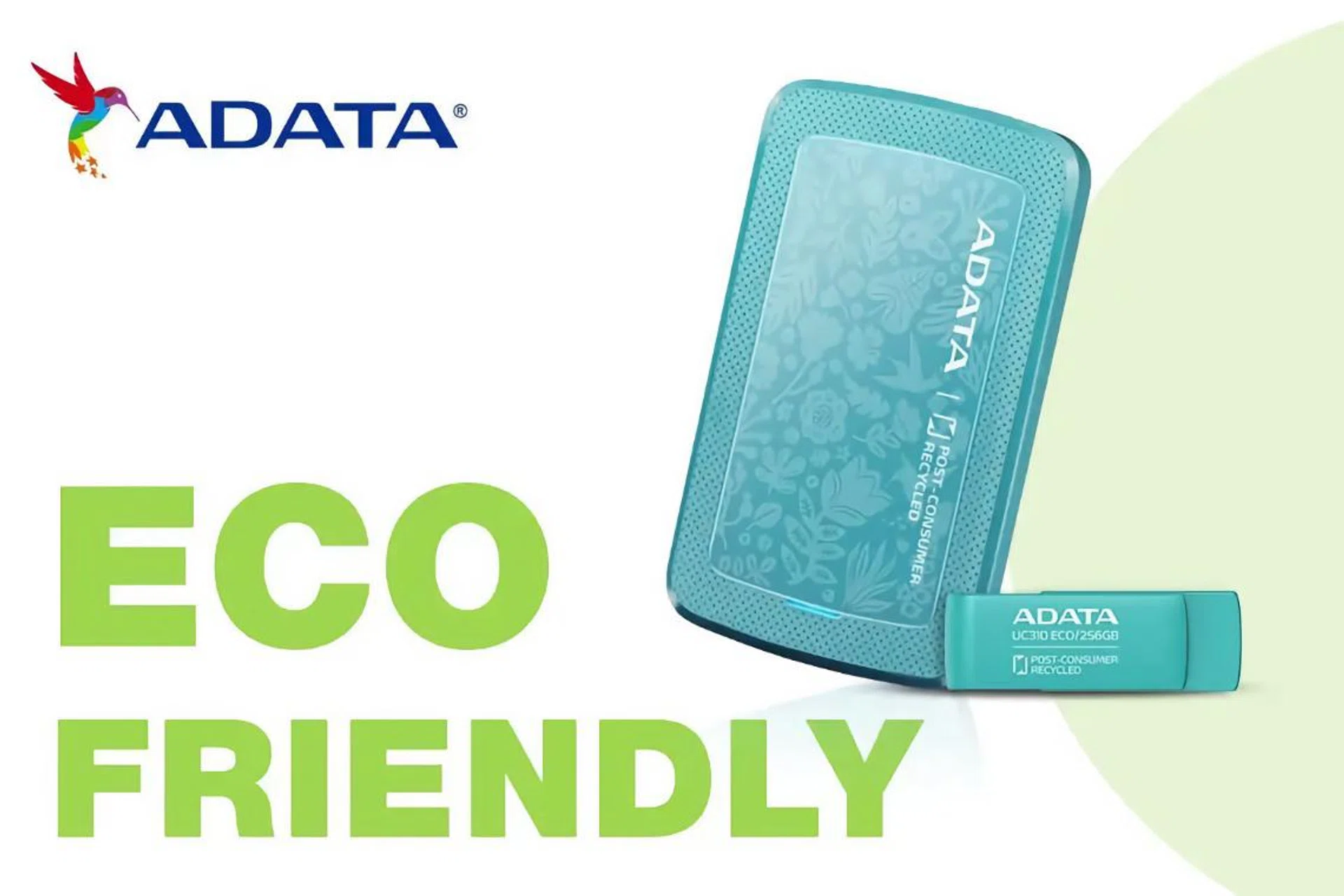 The new ADATA HC300 Eco portable external drive and UC310 USB flash drive. (Image source: ADATA)