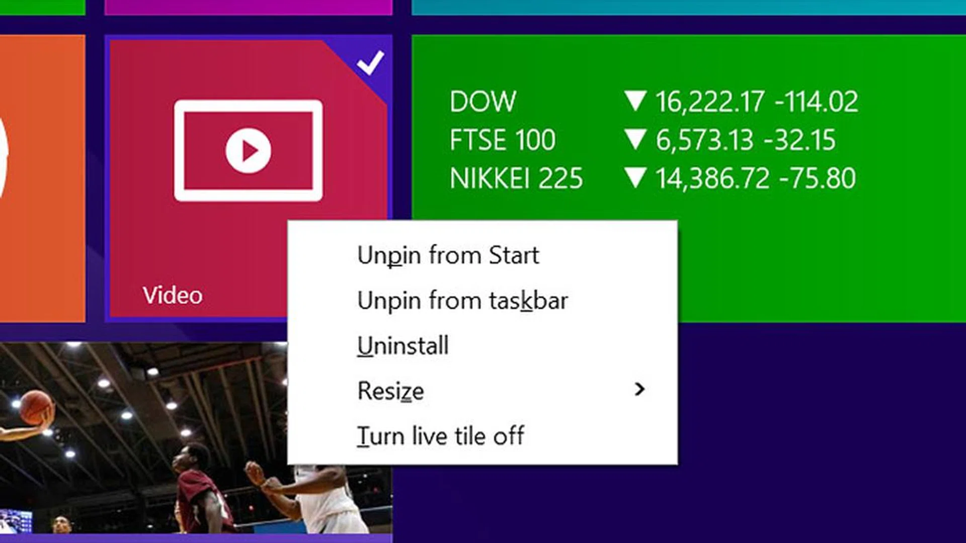 Right-clicking a Start screen tile now gets you a regular context menu. 