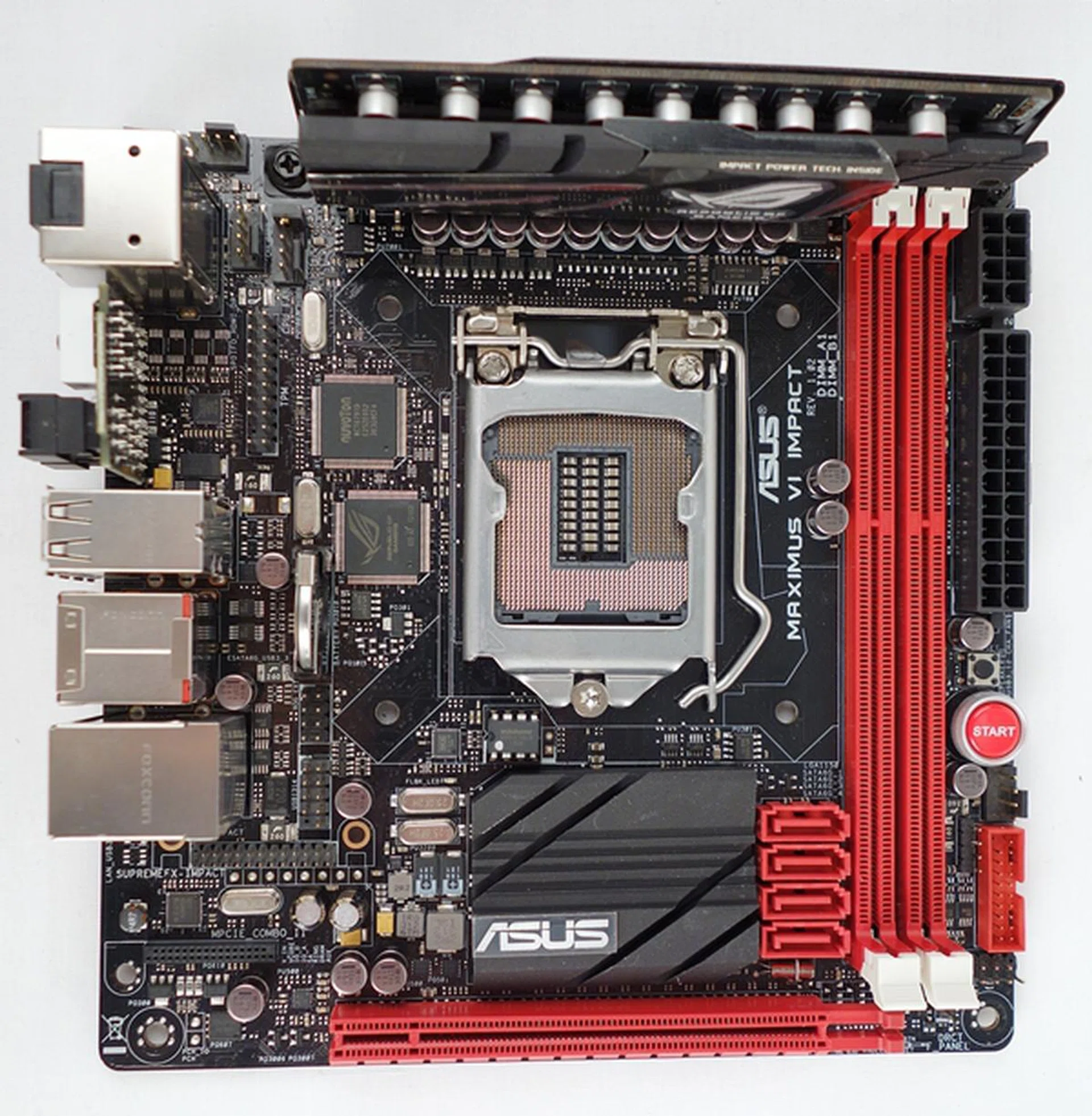 The ASUS Maximus VI Impact mini-ITX motherboard boasts of features that are typical of high-end Intel Z87 boards. From its digital 8 + 2 phase power delivery system to support for high-speed OC memory modules, this board also supports add-on cards for high-fidelity audio, as well as wireless-AC connectivity.
