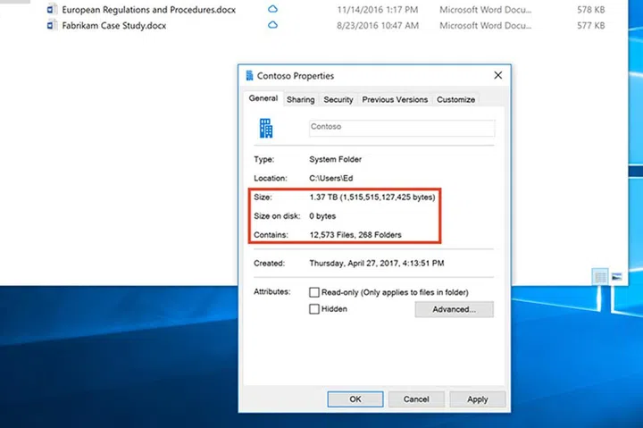In this example, the folder selected in the SharePoint Online team site contains 1.37TB of content, but it takes up zero bytes of storage on the disk.