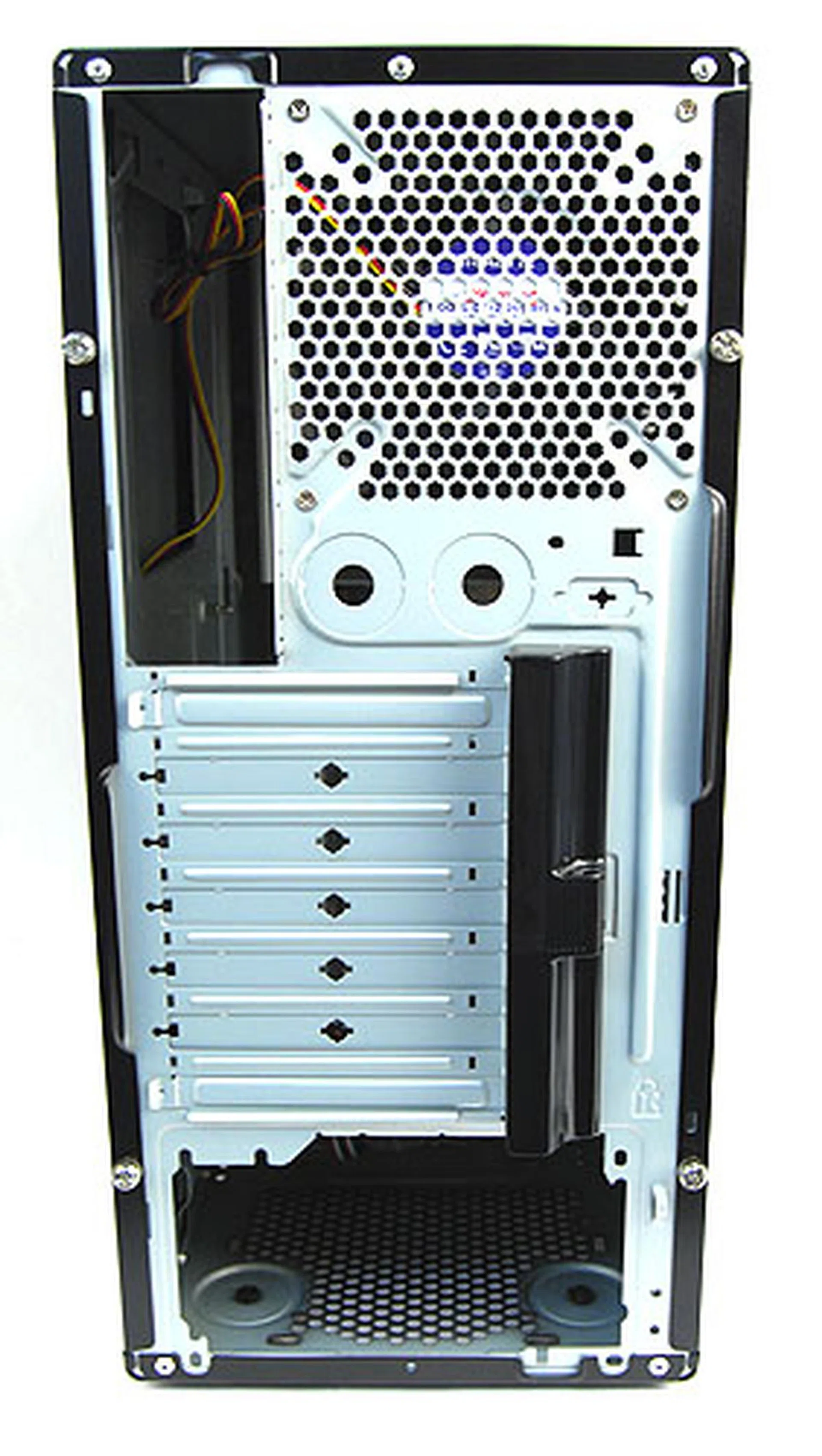 The Gigabyte Luxo M1000 sports cut outs in the rear panel for liquid cooling setups. Rubber grommets to protect the hoses from the sharp metal edges of the casing would have been much welcomed.