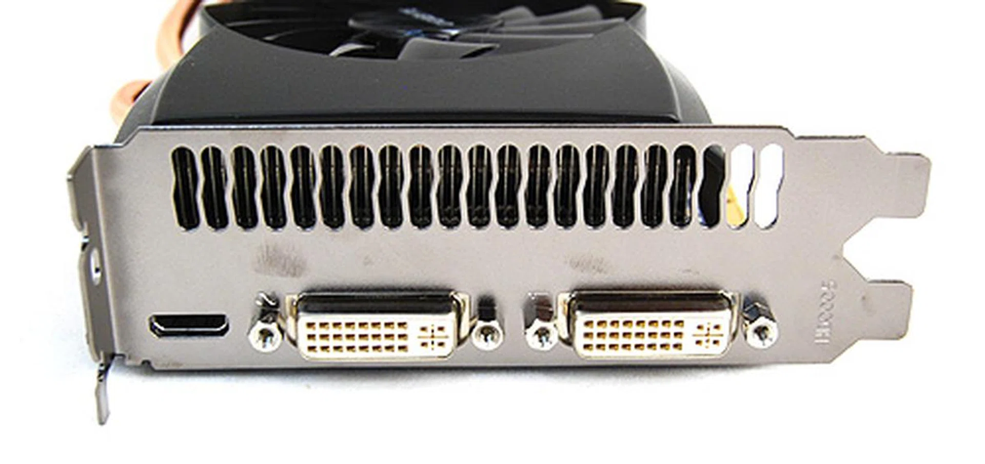 Video output options on the Gigabyte GTX 465 are identical to the reference card, which means two DVI ports and a single mini-HDMI port.