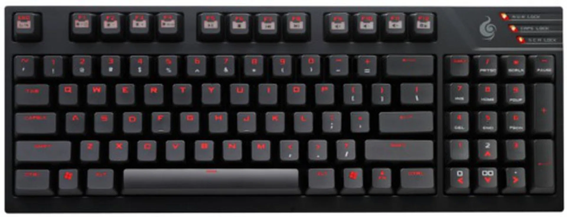 The TK integrates a numpad block, 7 easy-access multimedia shortcut keys, a Windows lock key (F12), and a Fn lock key.