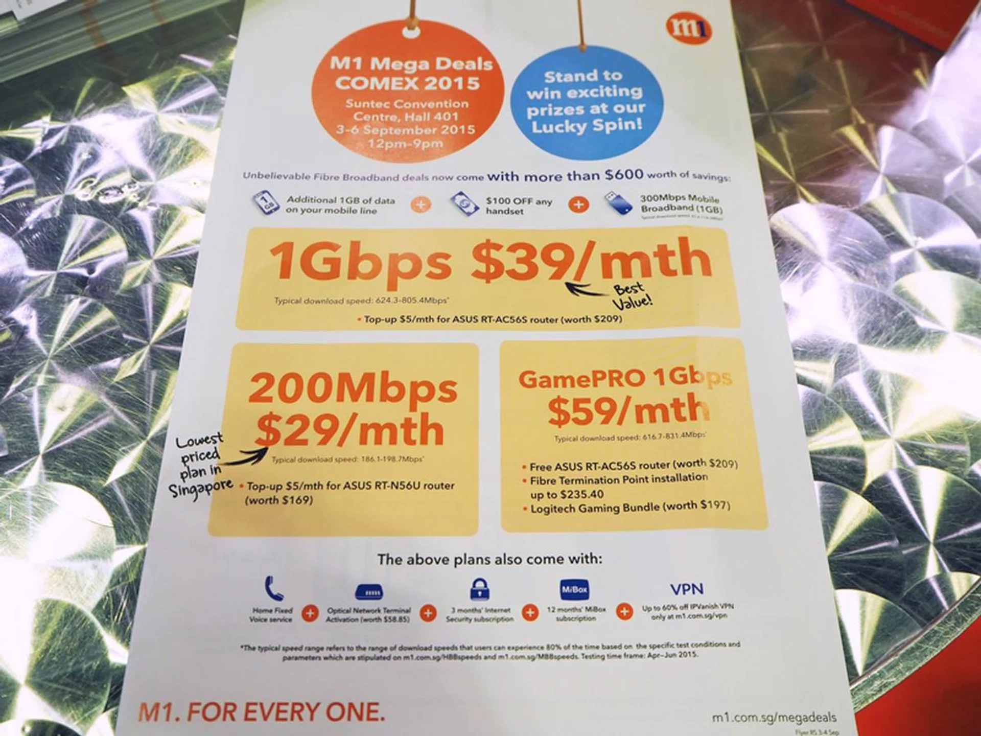 Gaming-centric broadband packages are not new ideas, but it takes some persuasion to switch to one. Now, you can justify it with COMEX 2015-only freebies – get a free 802.11ac Wi-Fi compatible ASUS RT-AC56S router (U.P. S$209), free Fibre Termination Point installation of up to S$235.40, and a Logitech Gaming Bundle (U.P. S$197).