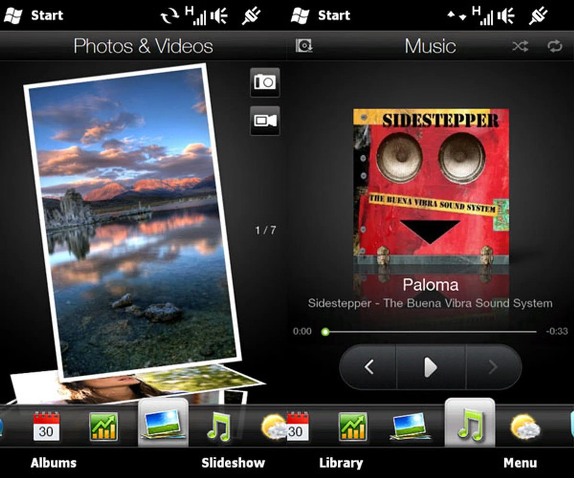 In portrait mode, the Photos and Music tabs look as per normal, until we let the auto-accelerometer do it's magic...