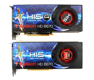 Physically, there's no difference between the HIS HD 6870 Turbo (top) and a reference version of the Radeon HD 6870.