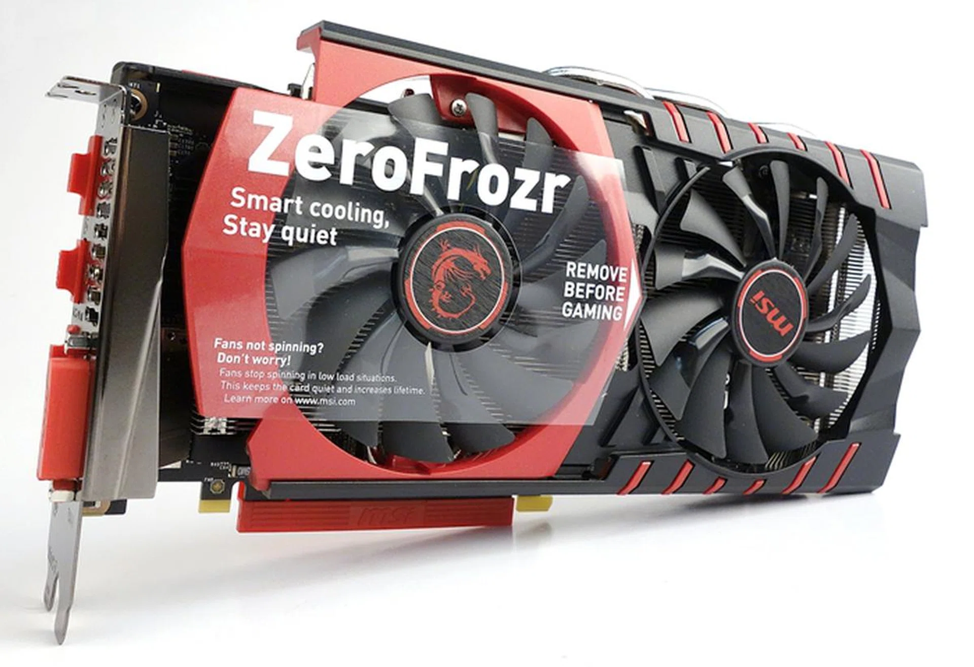 The MSI GeForce GTX 960 Gaming 2G is one of the most meticulously packaged card we have come across so far. Look at the decal that describes Zero Frozr feature, and the dust covers for its video ports!