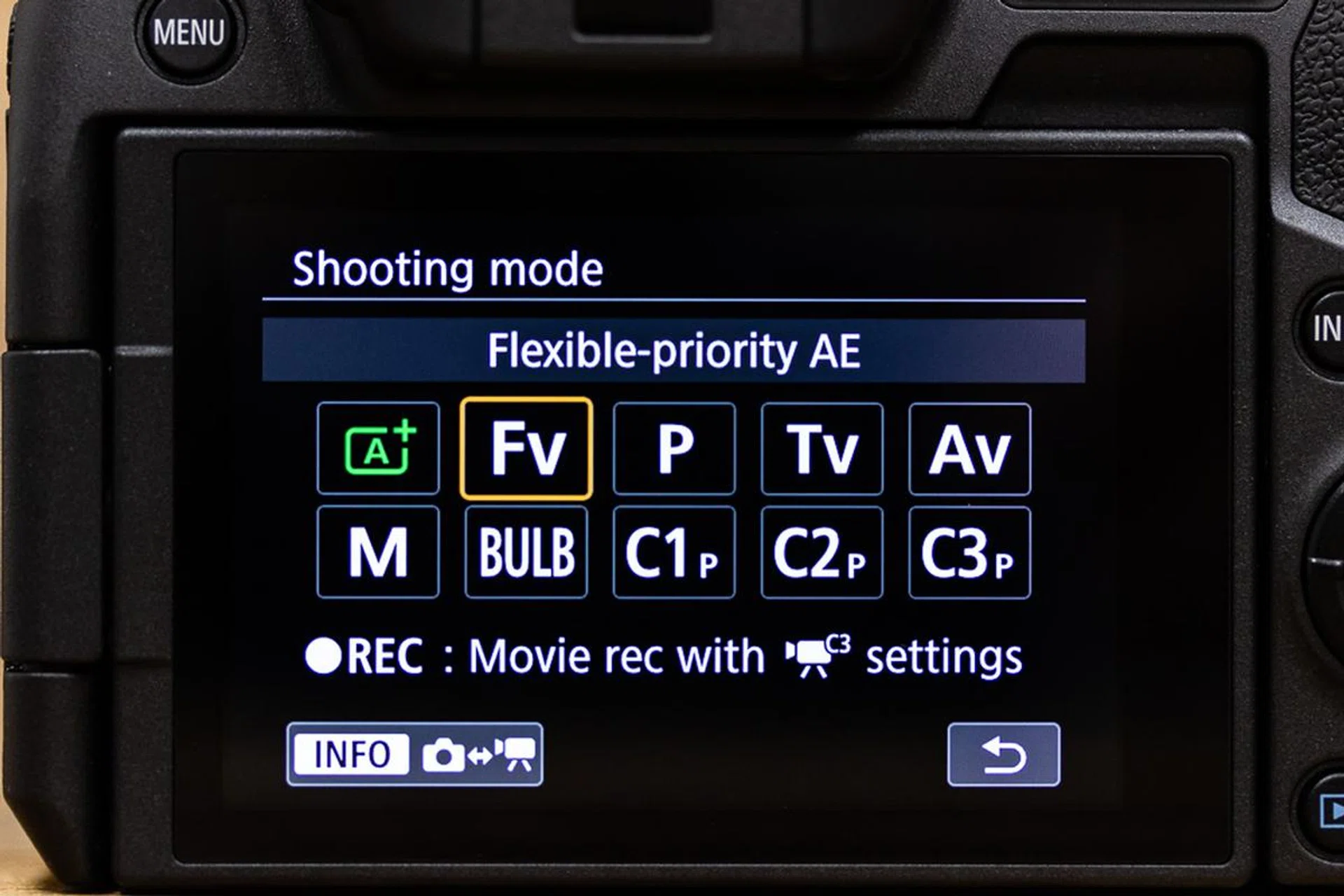 When you press the Mode button, this selection screen takes over the view, whether you’re using the monitor or the EVF.