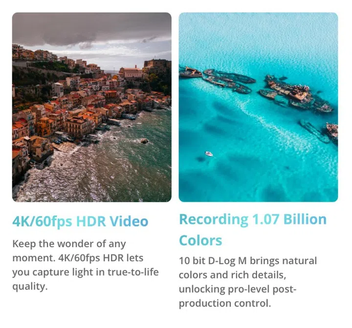 DJI Mini 4 Pro offering 4K60FPS HDR recording.