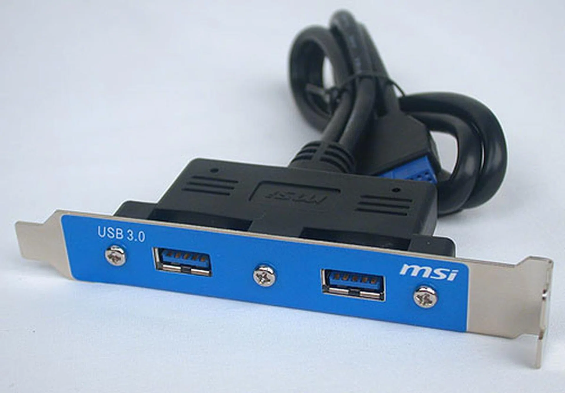 The 'front' USB 3.0 bracket included in the package, though we were more looking forward to a true front panel chassis solution than a bracket.