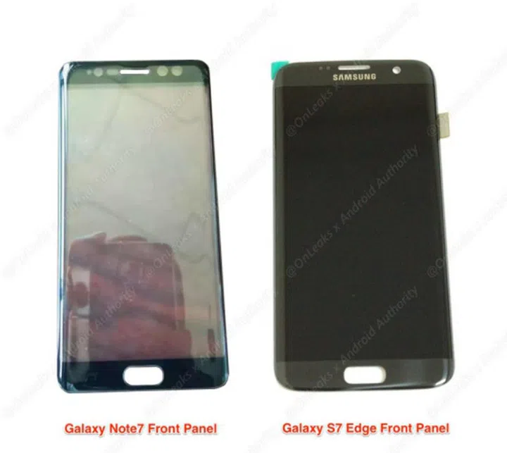 Left: Purported Galaxy Note 7 front panel. <br> Right: Galaxy S7 edge front panel. <br>Image source: Android Authority and @OnLeaks
