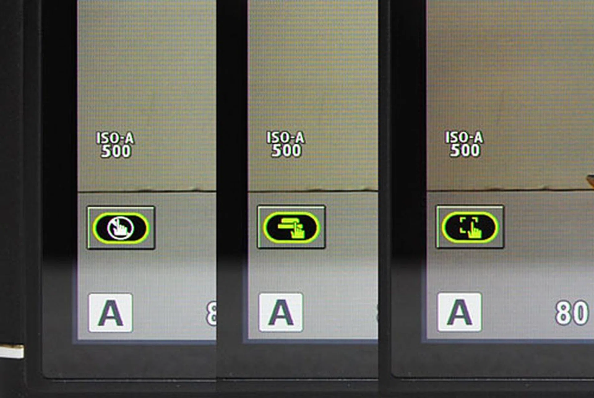 The leftmost icon shows touch AF is turned off, the middle icon shows touch, focus and shoot, and the last icon is for AF tracking. Tap on the icons to cycle through each mode.