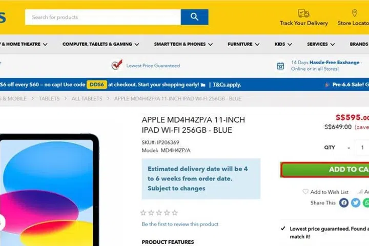 Screenshot showing the desktop view of the product landing page for an Apple iPad.