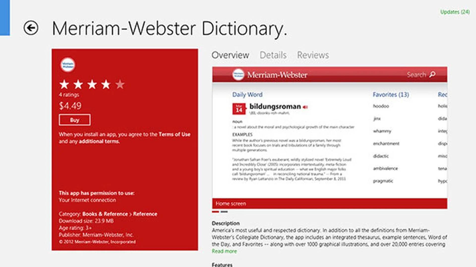 The individual app view shows you more details about the app, such as what it does, release notes and supported processors, and user reviews. You can also install or buy the app from here.
