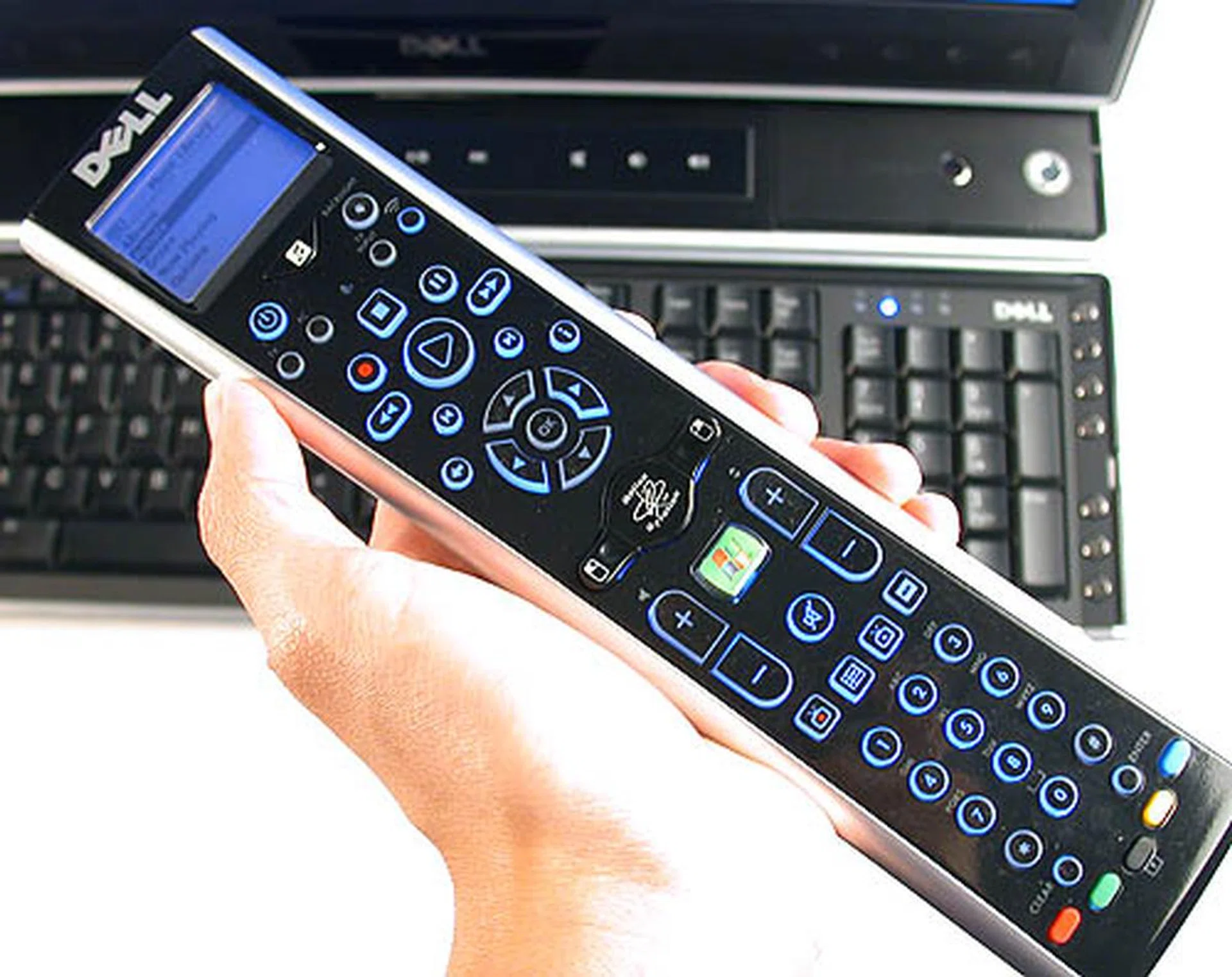 This very useful remote is geared for Microsoft's Windows XP Media Center Edition. What we liked best is its LCD screen for navigation and playback of music. Another rarely seen but innovative feature is its built-in gyroscope which emulates mouse control pretty well and works even in 3D games. Dare we say Wii Remote? 