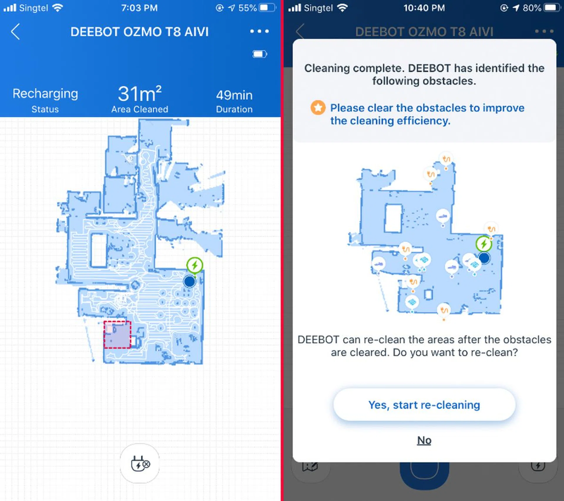The app is not the most intuitive but once you get the hang of it you'll find that it's quite useful. Here, it's showing the path the cleaner has taken and what obstacles it has found along the way. The red box on the left is a virtual boundary that I've set up so that it doesn't go there.